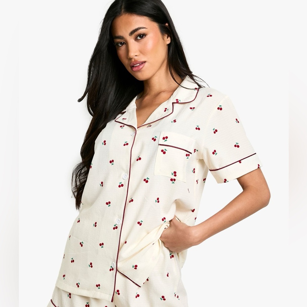 Boohoo Cherry Print Piping Detail Short Sleeve Pajama Shirt Top Women’s Size S